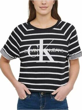 Calvin Klein Black & White Striped Logo Crop Tee